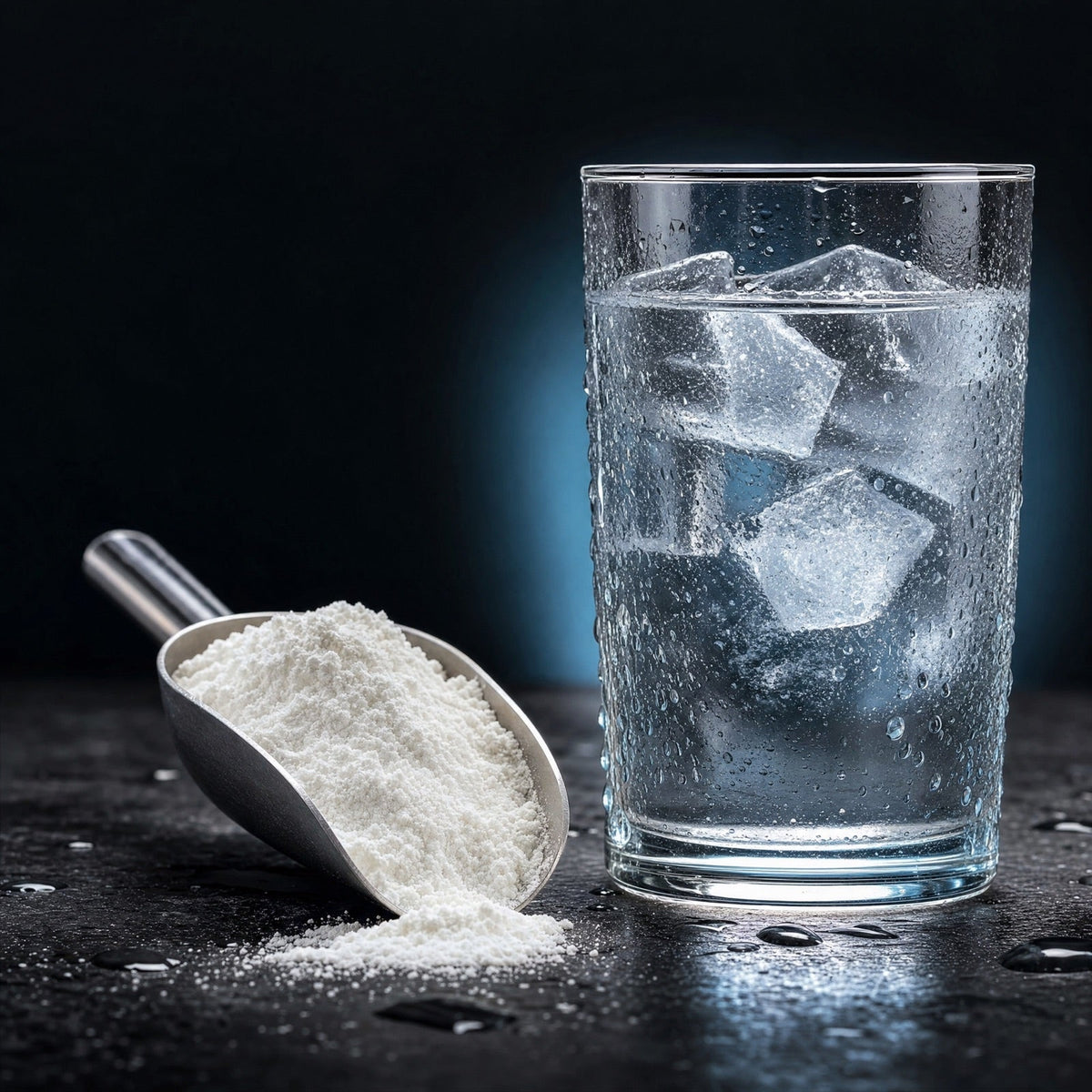 Cazo de creatina y vaso de agua