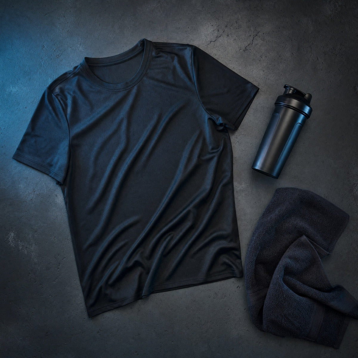 Camiseta deportiva, shaker y toalla de gimnasio